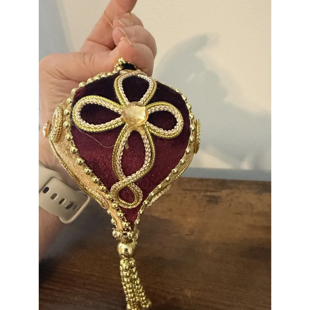 Vintage Velvet Christmas Ornament Red Gold Beaded Tassel‎ Handmade Holiday